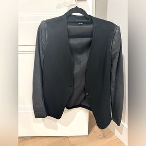 Theory black blazer with leather sleeves and zipper detail